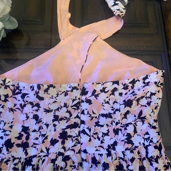 BCBGMaxAzria Linen Blend Pink Black Floral Crisscross Halter Dress - Picture 10 of 12